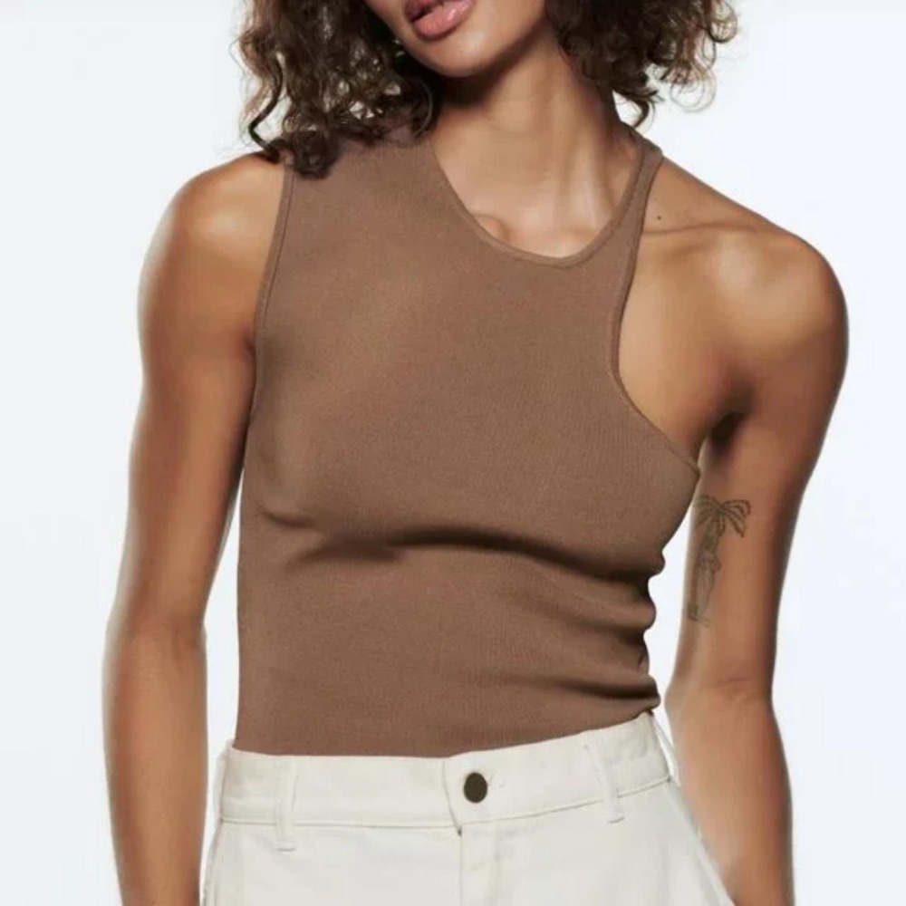Zara Womens Asymmetric Cutout Ribbed Knit Top Taupe Brown Large